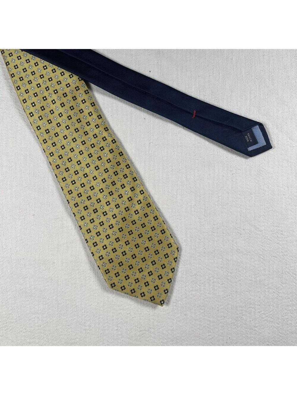 Tommy Hilfiger Mens Neck Tie Navy Blue Gold yellow 100% Silk geometric floral - Picture 1 of 6